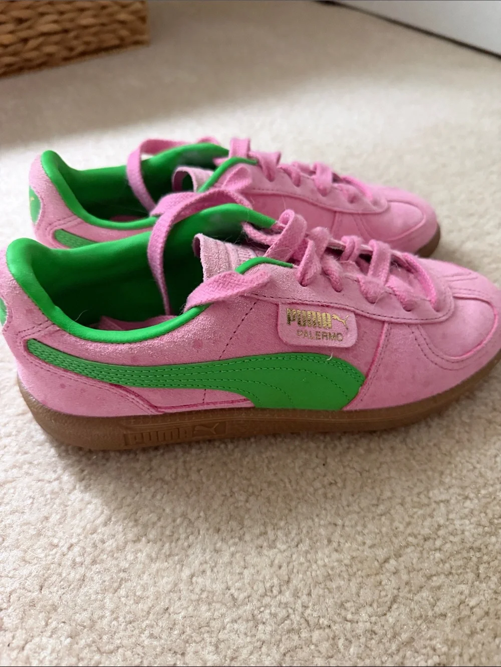 Puma Pink Suede Sneakers with Green Formstrip and Brown Gum Sole